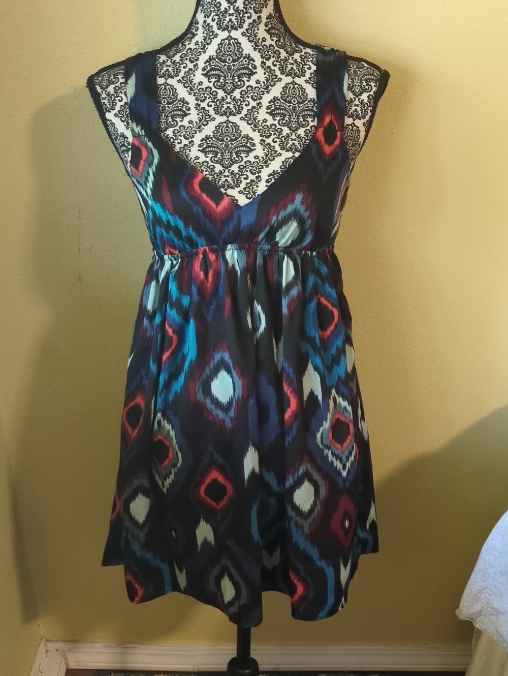 Roxy V-Neck Ikat Print Mini Dress in Navy, Teal & Red